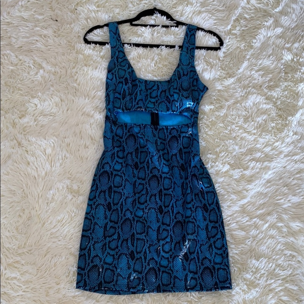 Blue snakeskin body con dress